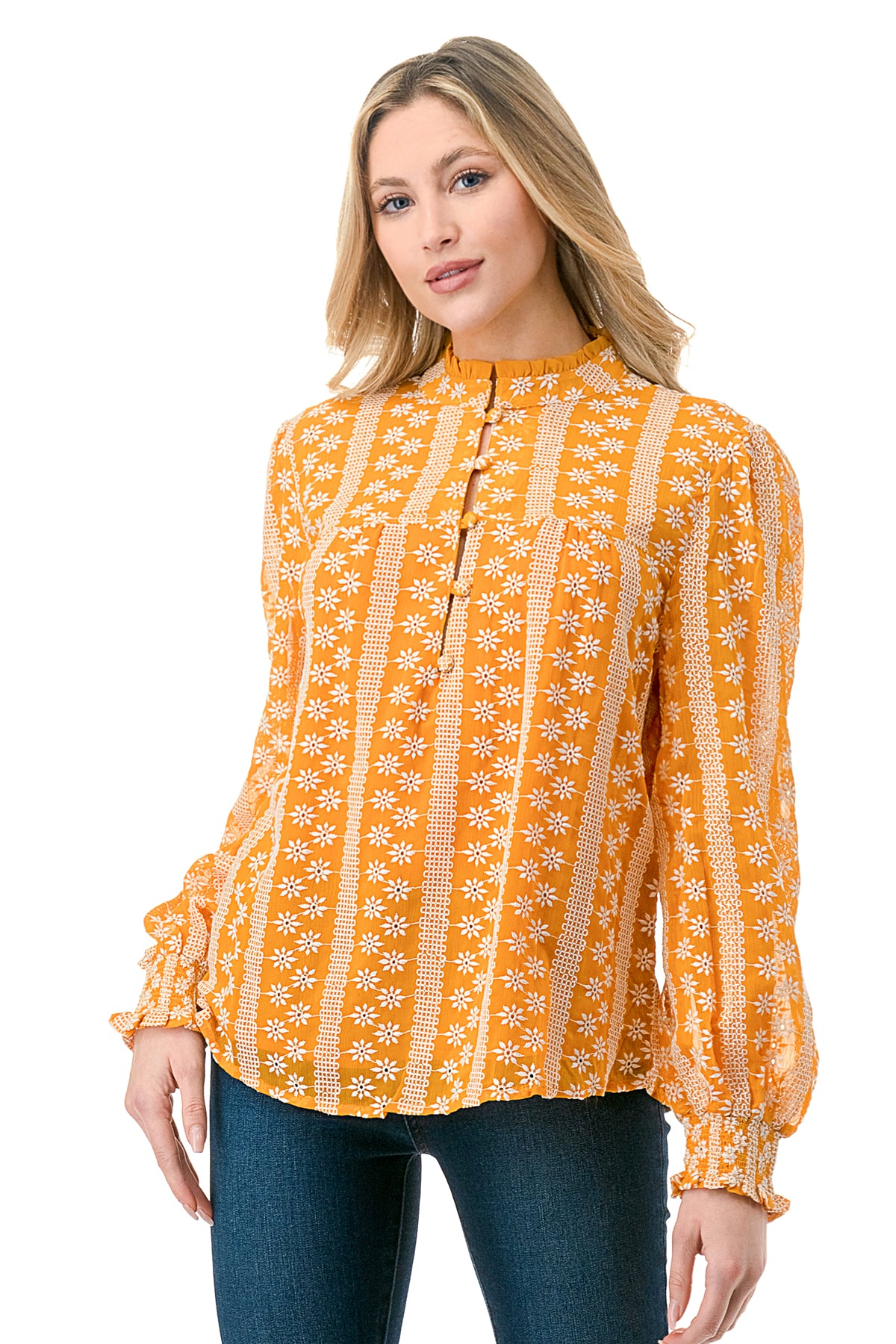 Mustard/Ivory Chiffon Embroidered Blouse