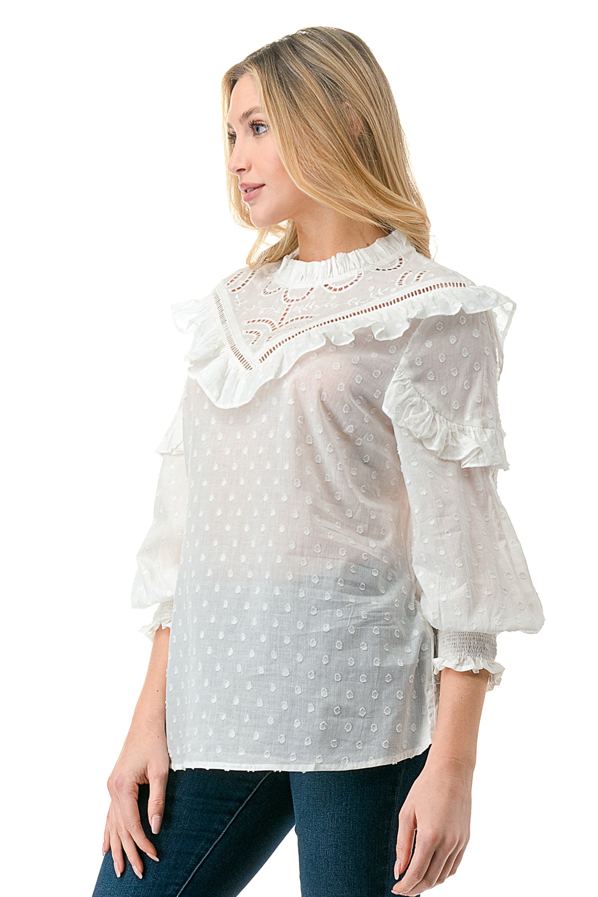 White Texture Fabric Embroidered Cutout Bib Blouse
