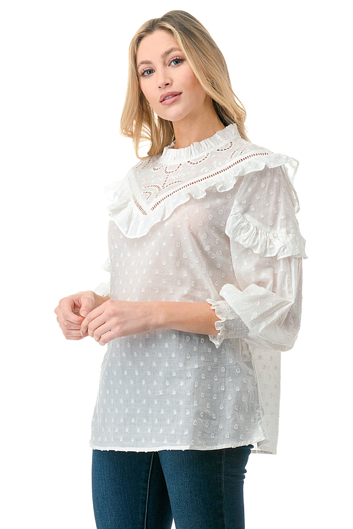 White Texture Fabric Embroidered Cutout Bib Blouse