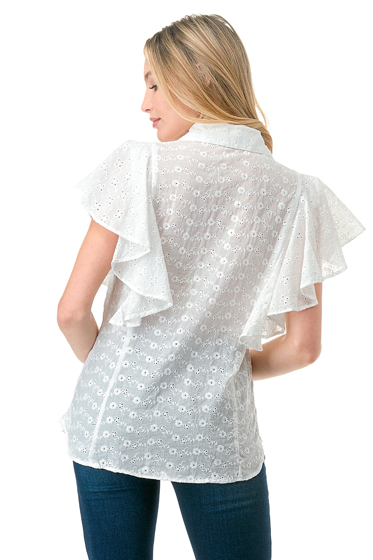 White Eyelet Flutter Sleeveless Button Down