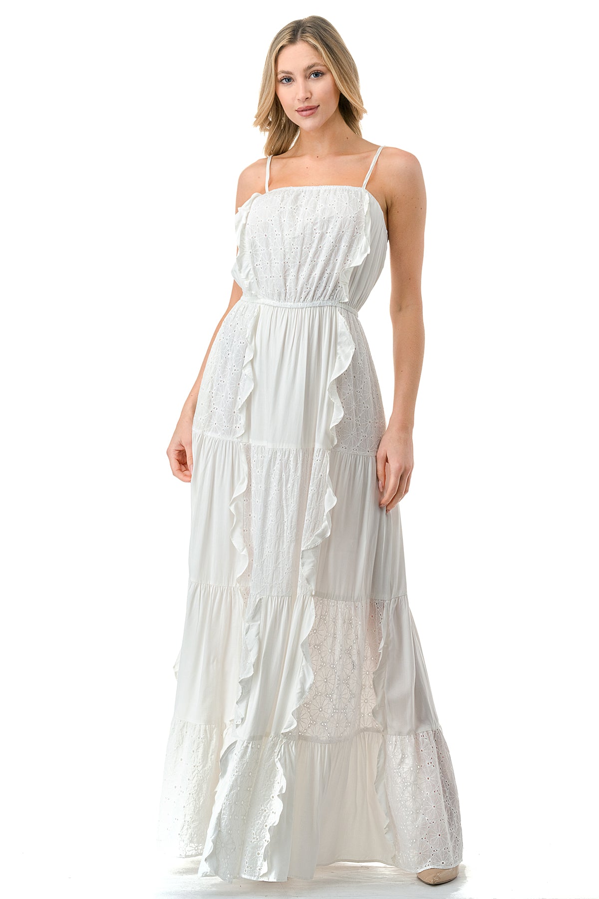 Ivory Front Ruffle Eyelet Halter Maxi Eyelet Dress