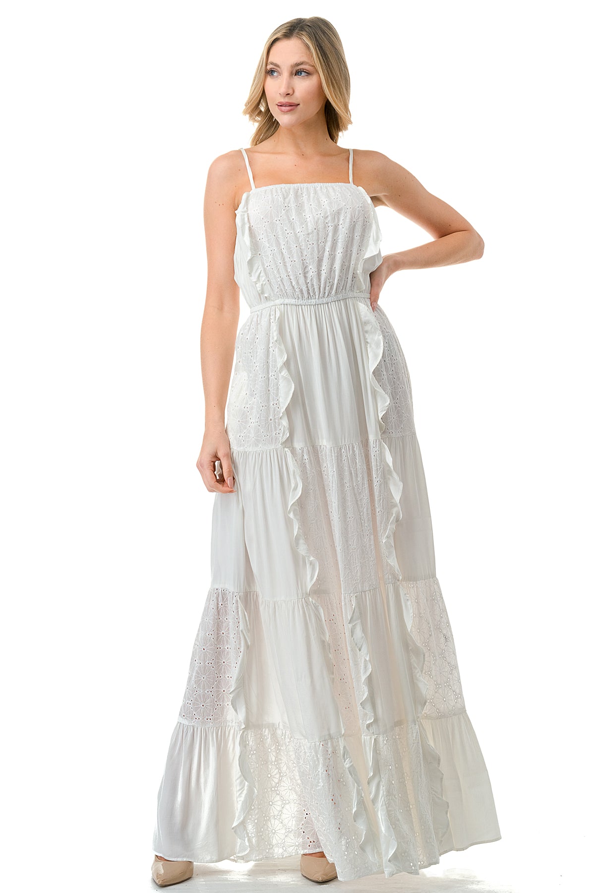 Ivory Front Ruffle Eyelet Halter Maxi Eyelet Dress