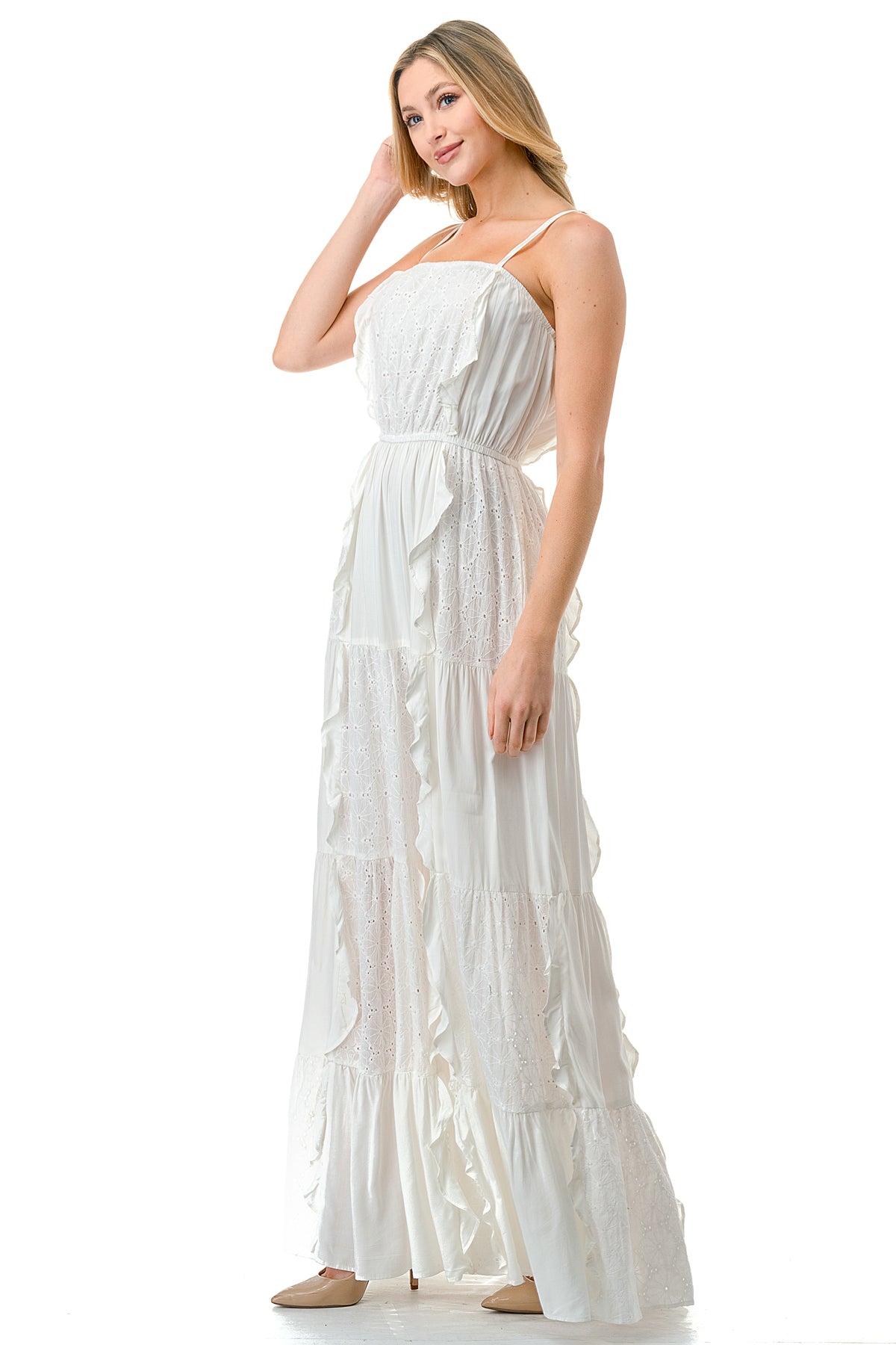 Ivory Front Ruffle Eyelet Halter Maxi Eyelet Dress