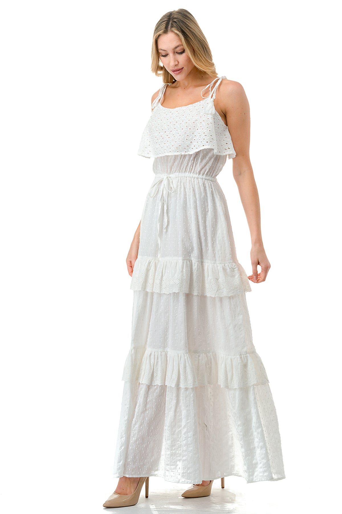 Ivory Textured Fabric Eyelet Trim Tiered Maxi Dress