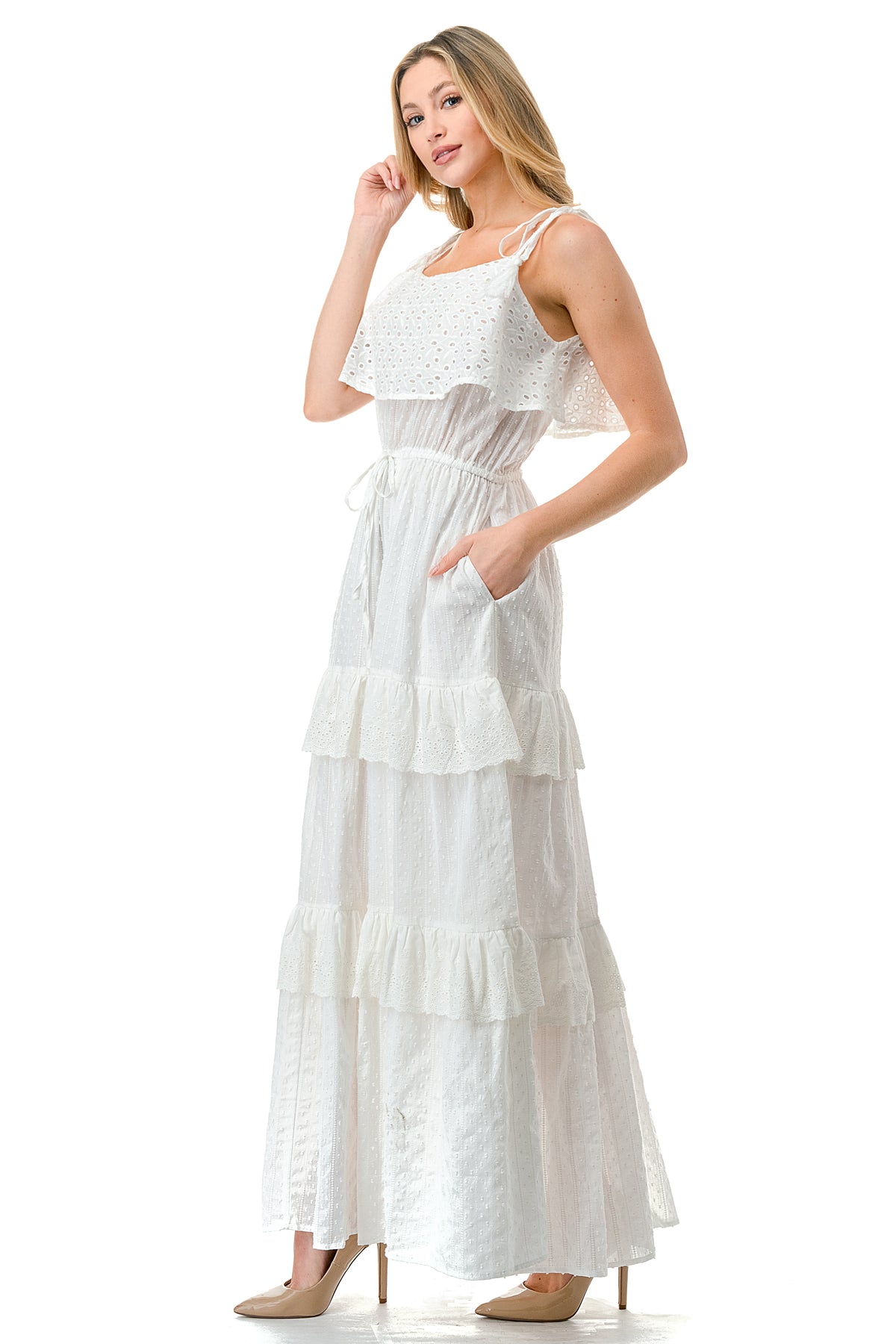 Ivory Textured Fabric Eyelet Trim Tiered Maxi Dress