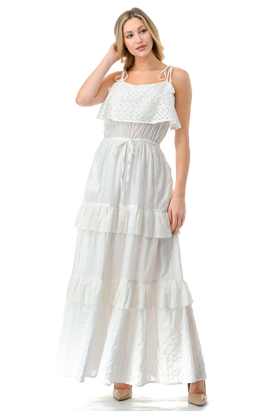 Ivory Textured Fabric Eyelet Trim Tiered Maxi Dress