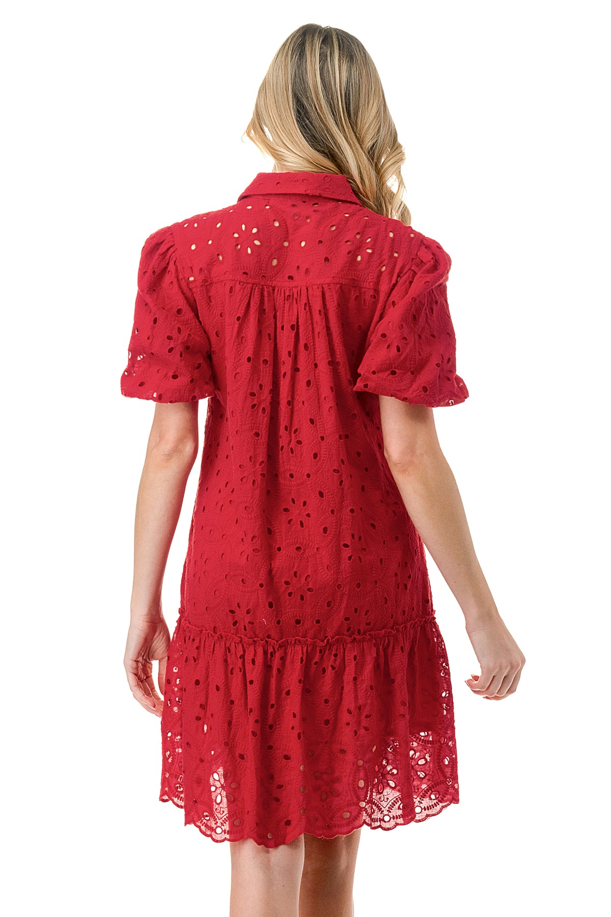 Red Eyelet Button Down Midi Dress
