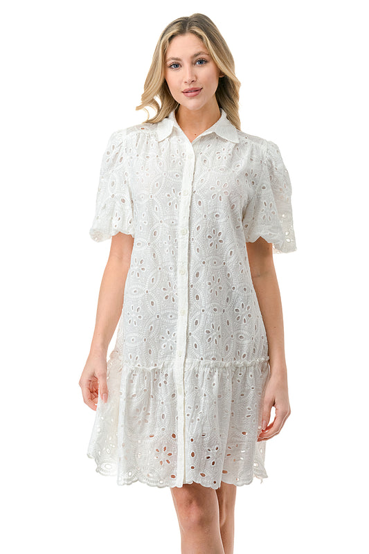 White Eyelet Button Down Midi Dress