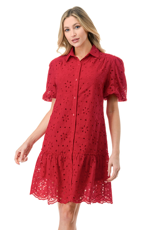 Red Eyelet Button Down Midi Dress