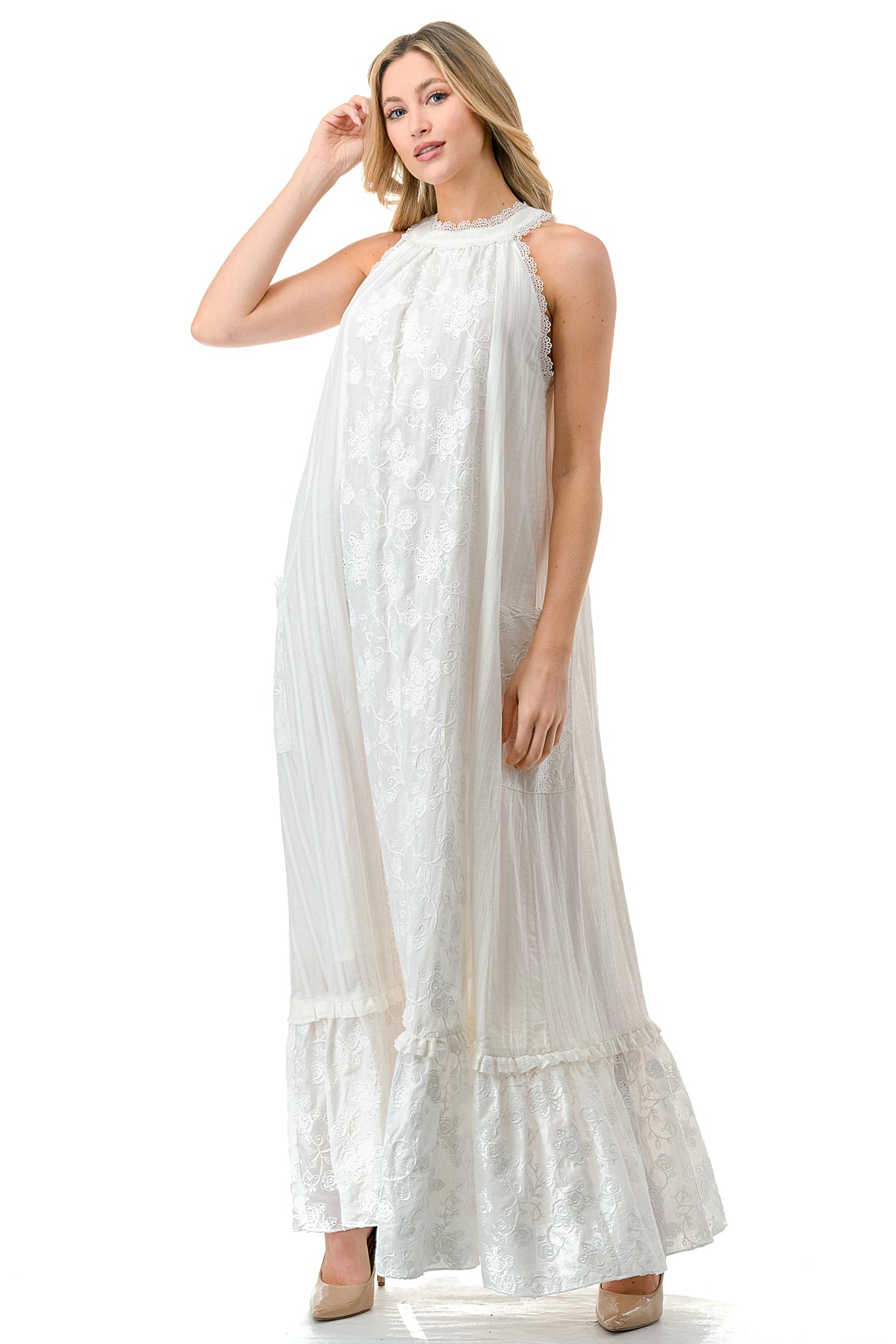 Ivory Sleeveless Maxi Eyelet Front