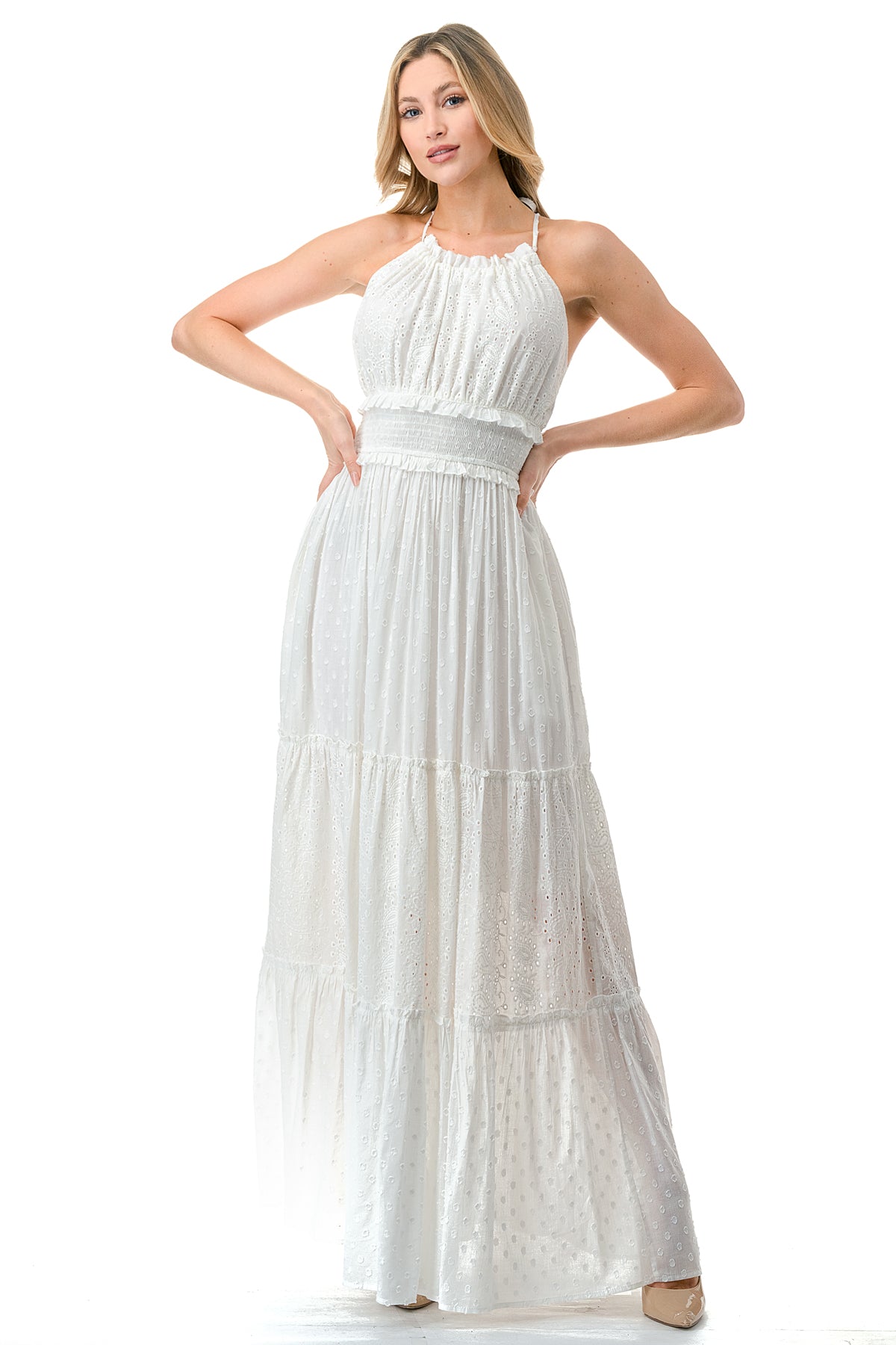 Ivory Eyelet Textured Smocked Halter Dress