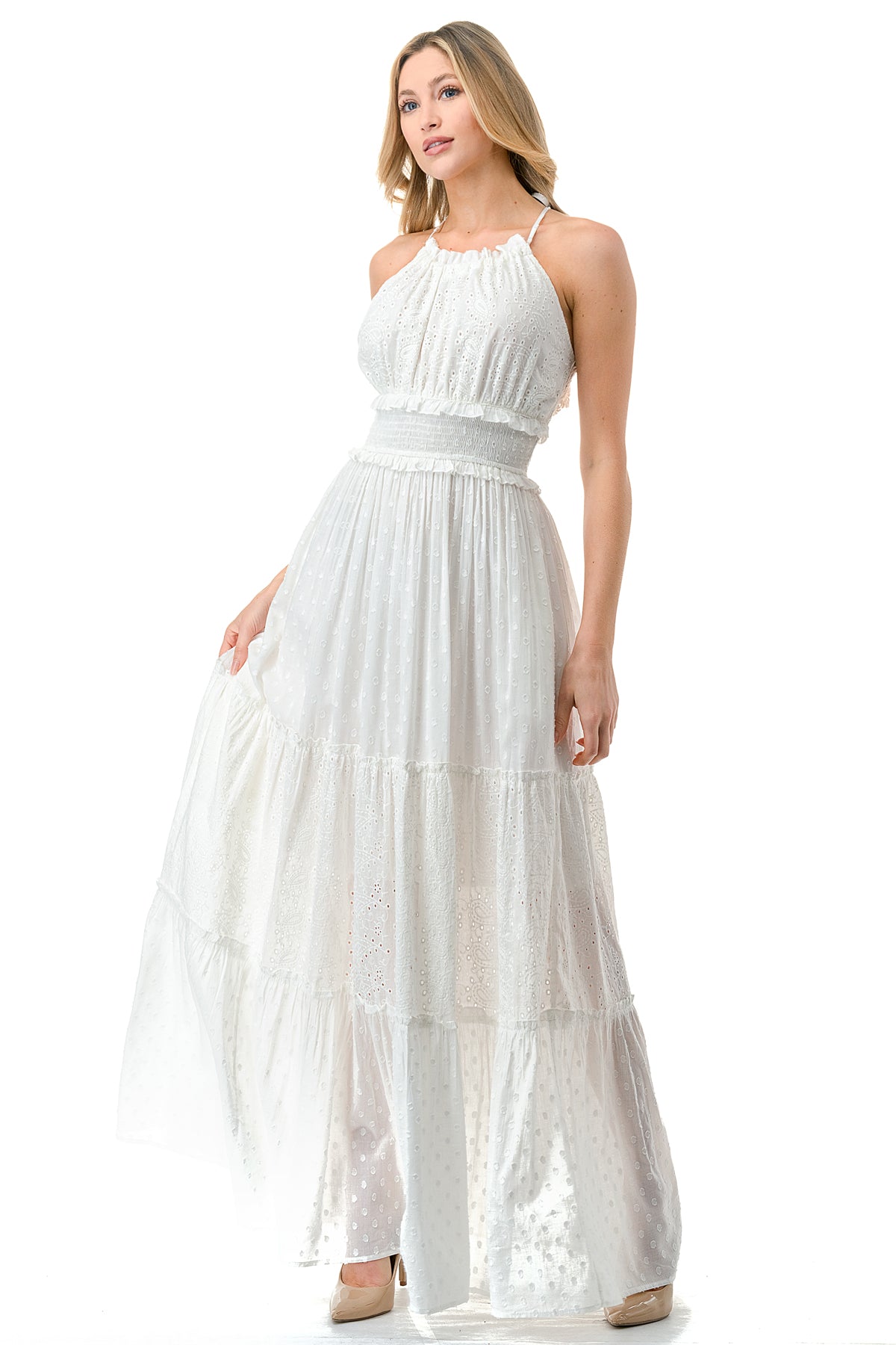 Ivory Eyelet Textured Smocked Halter Dress