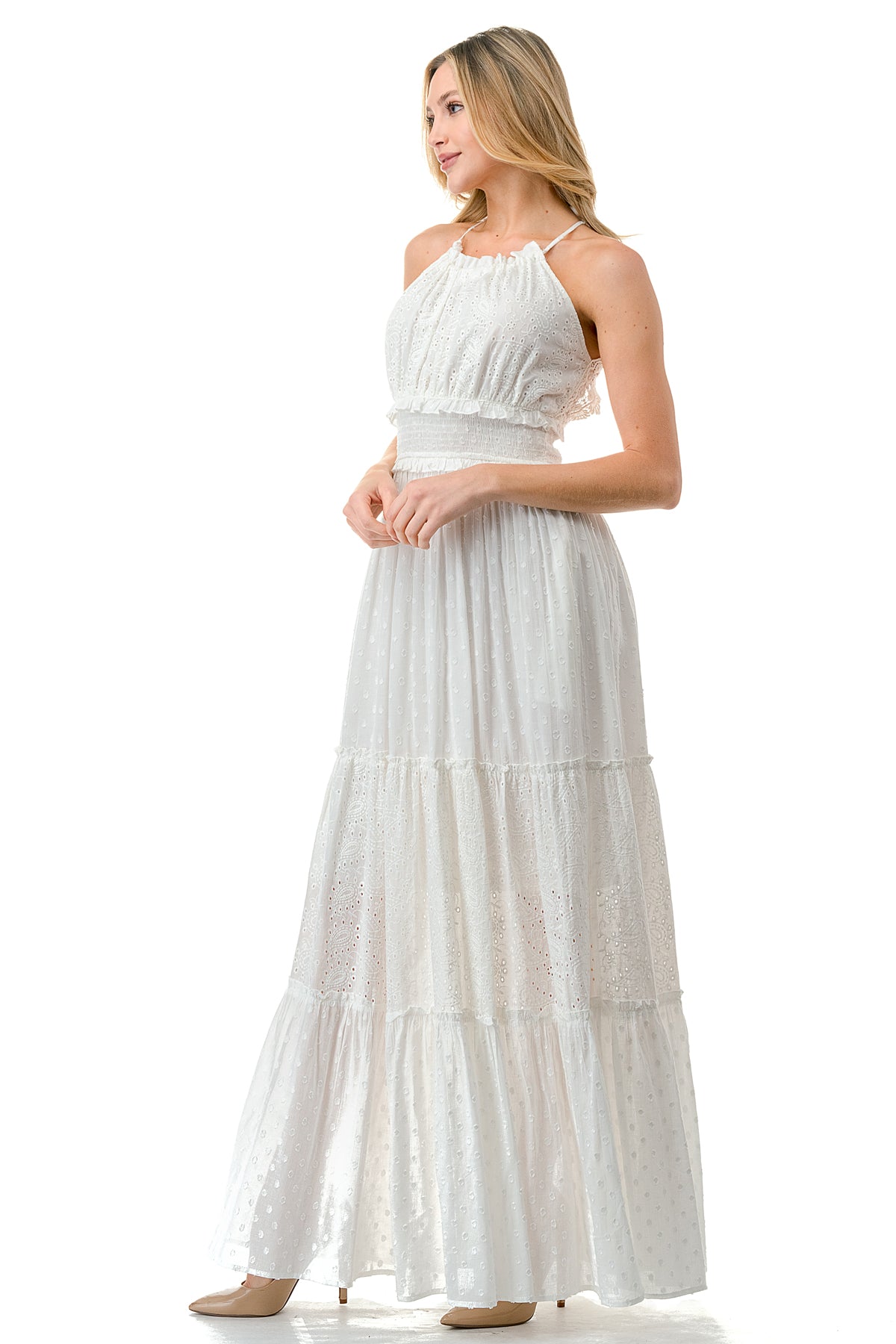 Ivory Eyelet Textured Smocked Halter Dress