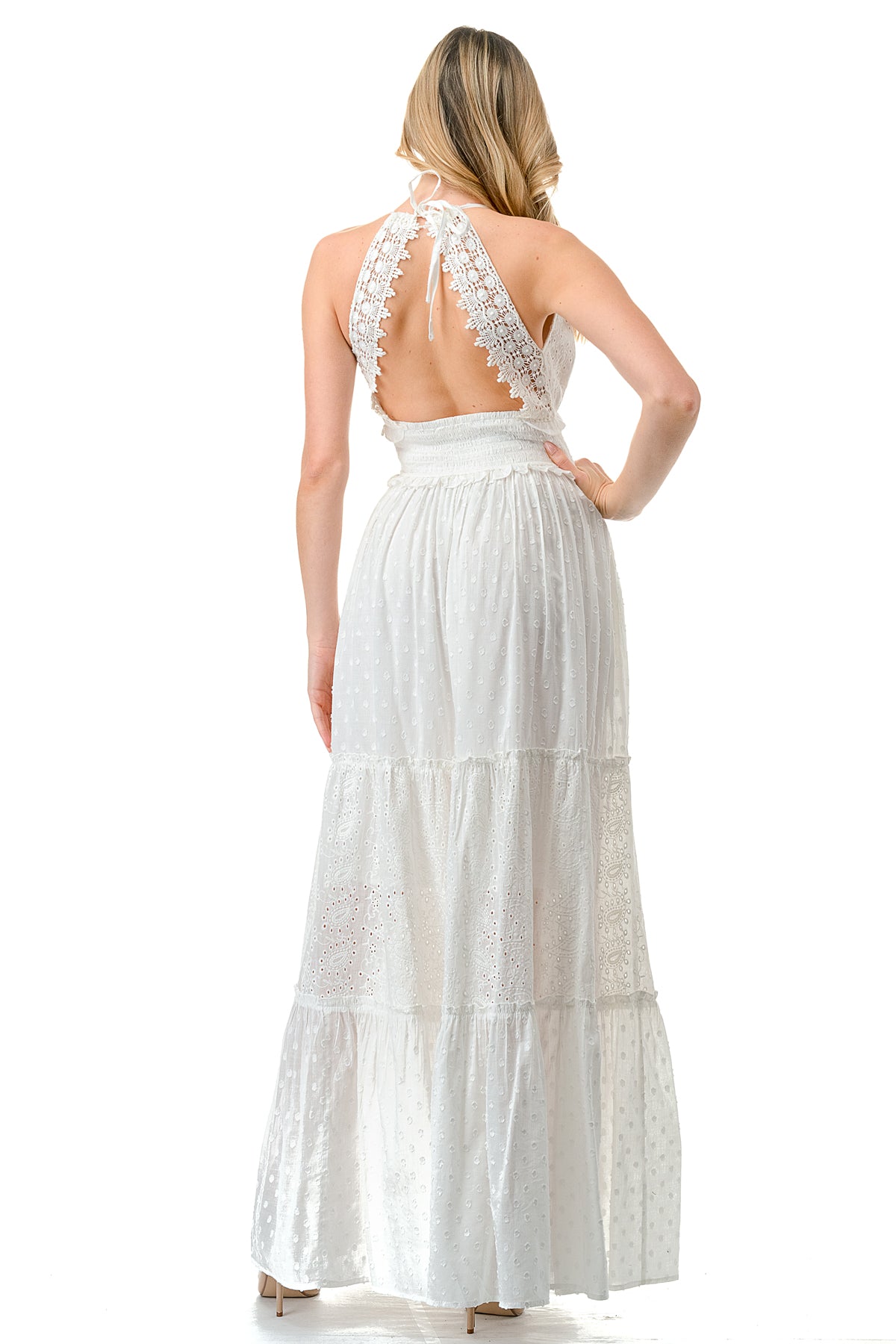 Ivory Eyelet Textured Smocked Halter Dress