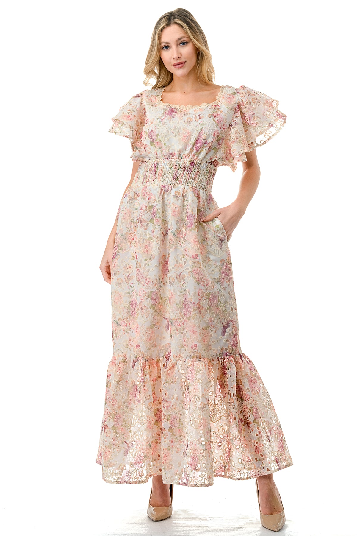 Floral Printed Eyelet Flutter Sleeve Maxi Dress