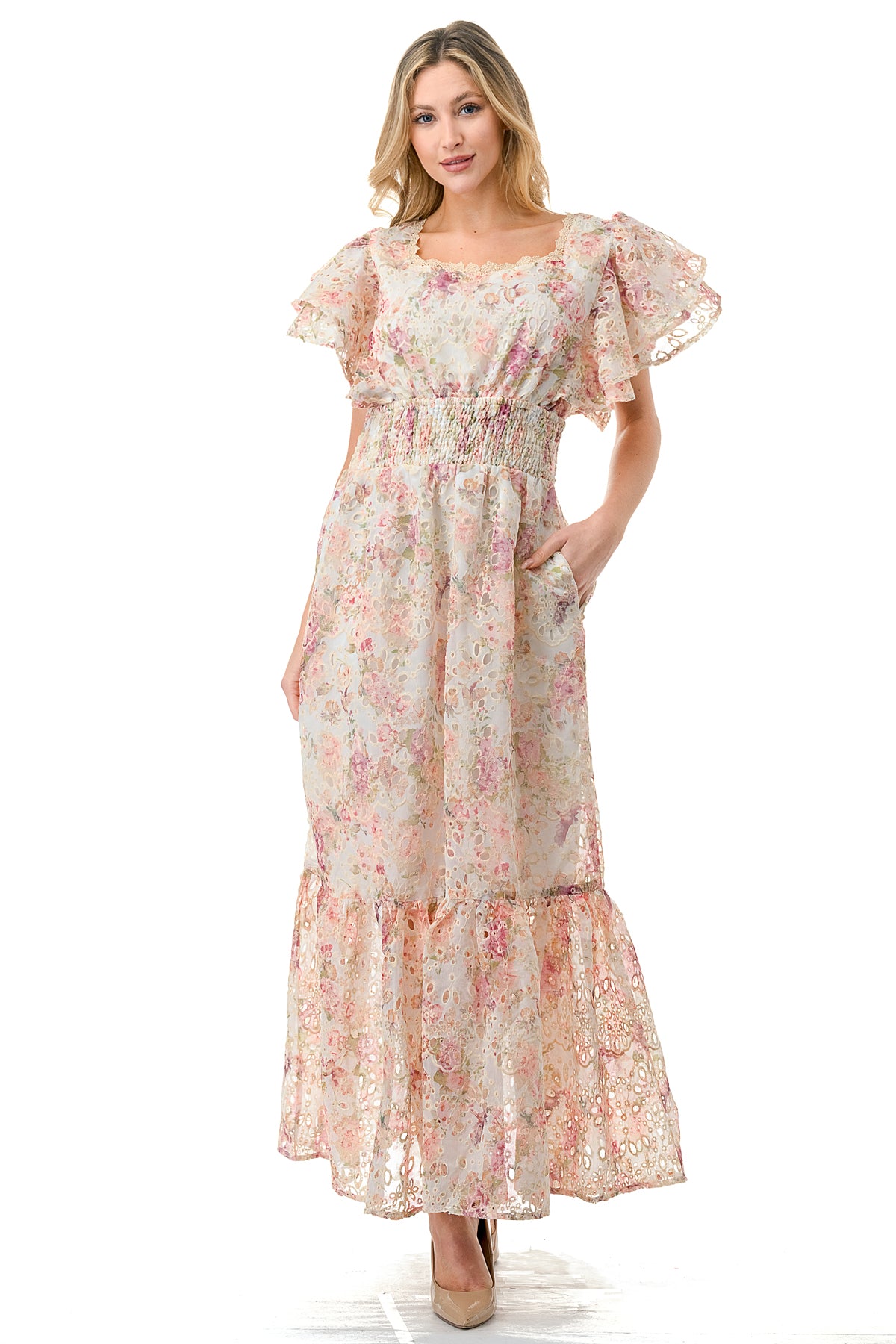 Floral Printed Eyelet Flutter Sleeve Maxi Dress – Solitaire