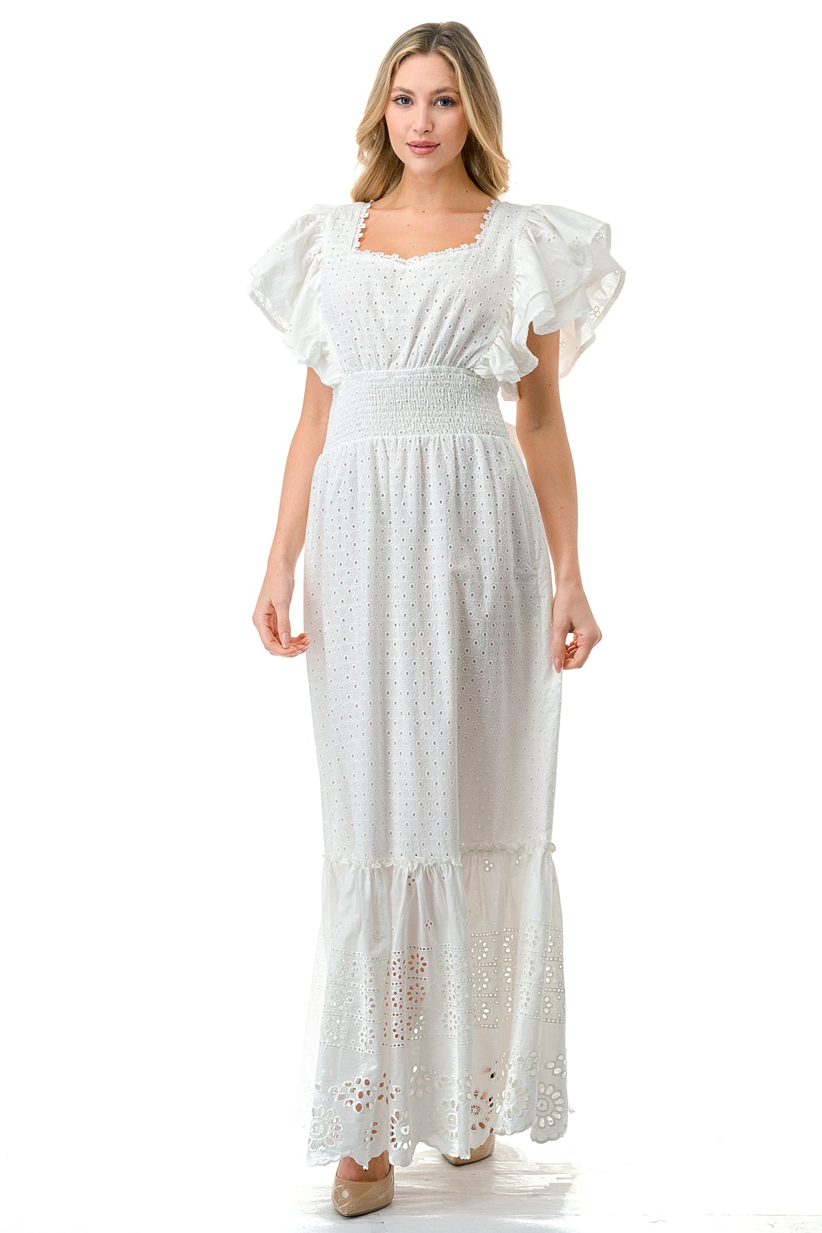 Ivory Tiered Flutter Sleeve Smocked Maxi Dress