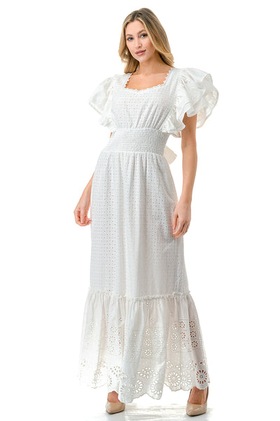 eternal bond white satin ruffled flutter sleeve maxi dress Ivory Tiered Flutter Sleeve Smocked Maxi Dress