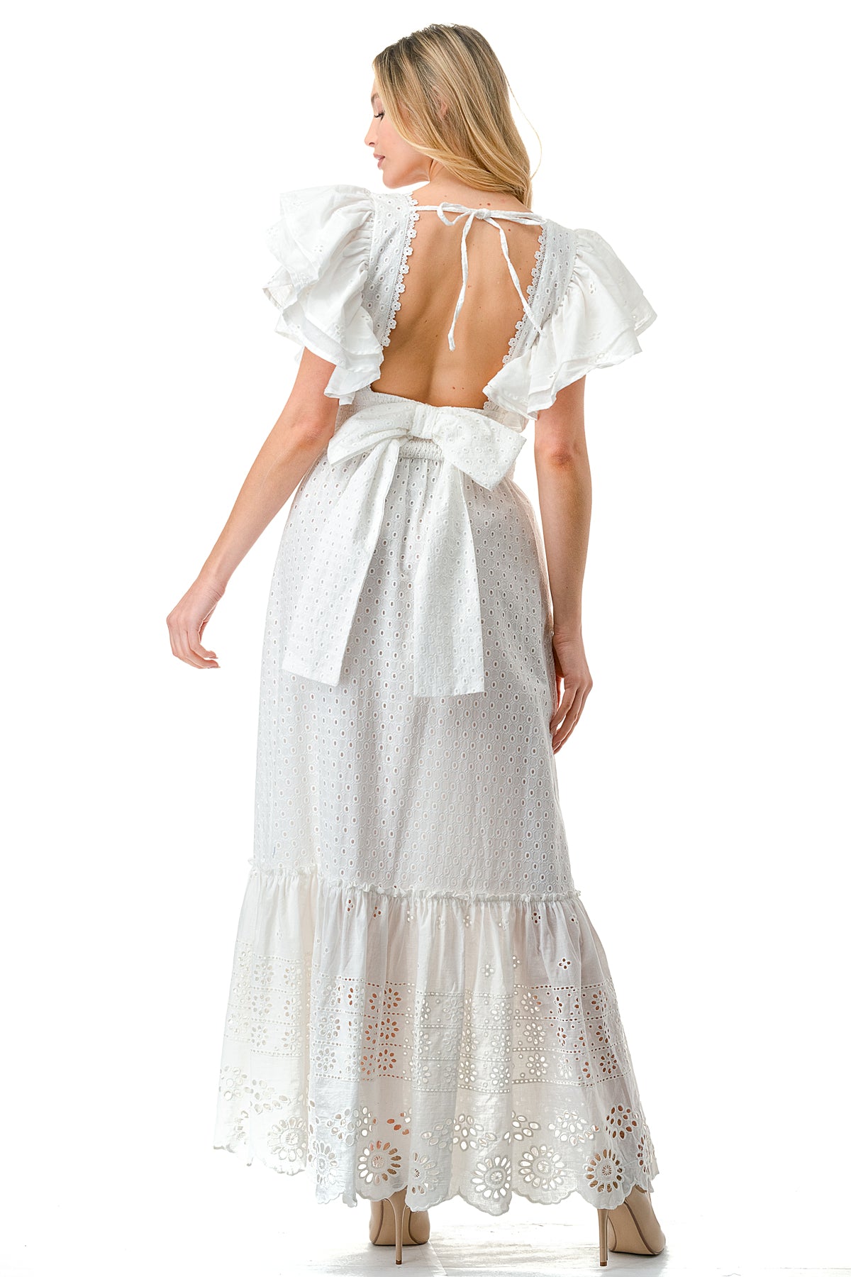 Ivory Tiered Flutter Sleeve Smocked Maxi Dress