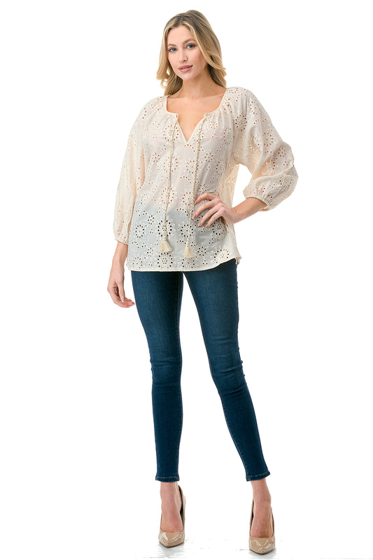 Beige Eyelet Peasant Blouse