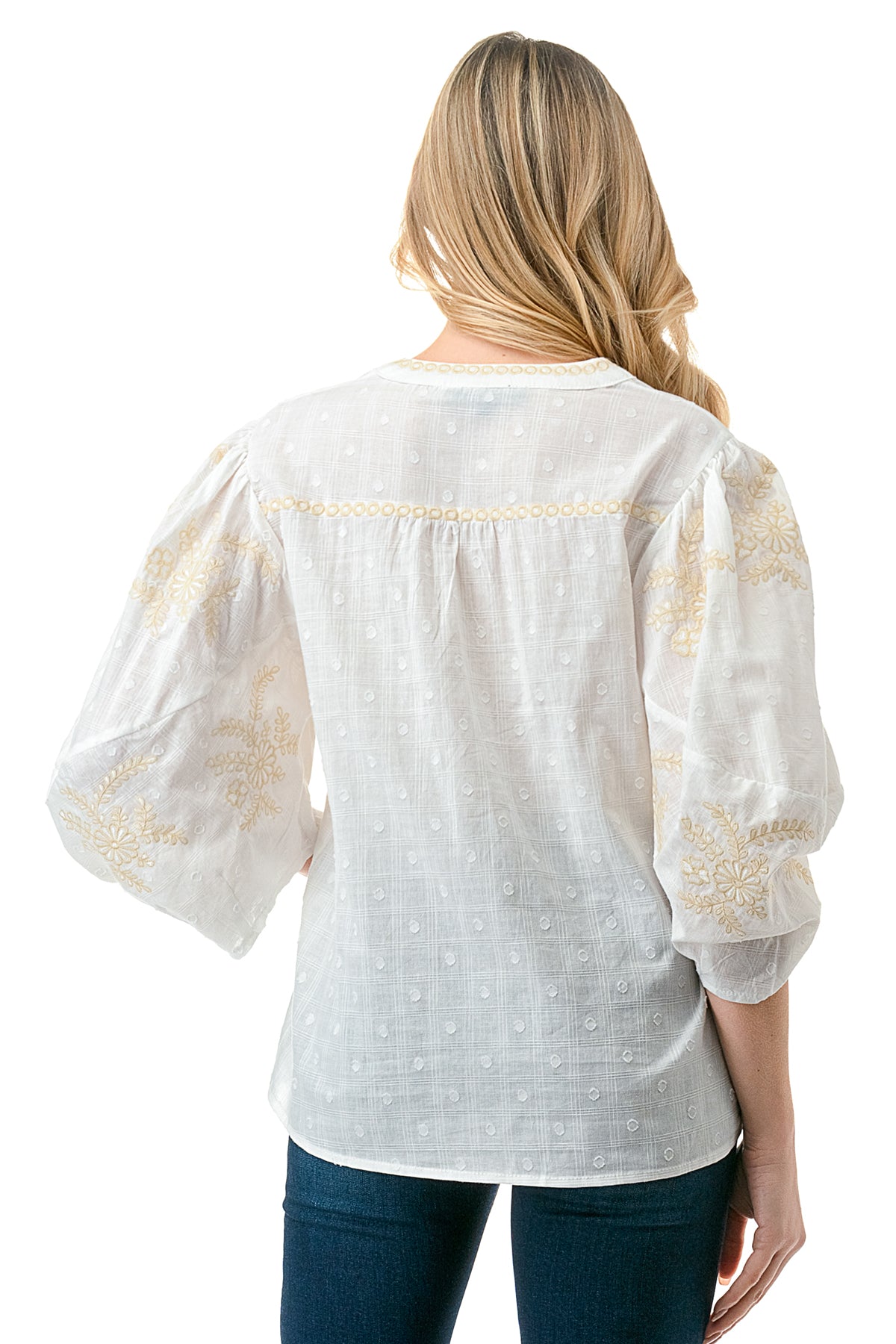 Ivory/Beige Embroidered Half Placket Texture Blouse