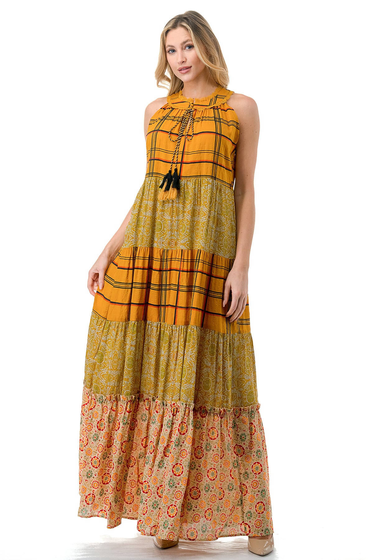Mustard Twin Printed Sleeveless Maxi Dress