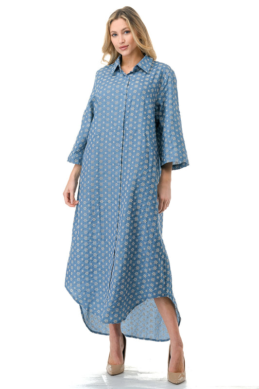 Denim Eyelet Maxi Shirt Dress