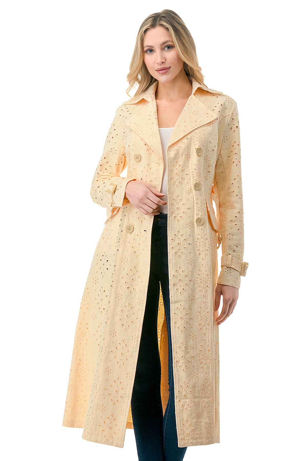 Soft Yellow Denim Eyelet Trench Jacket