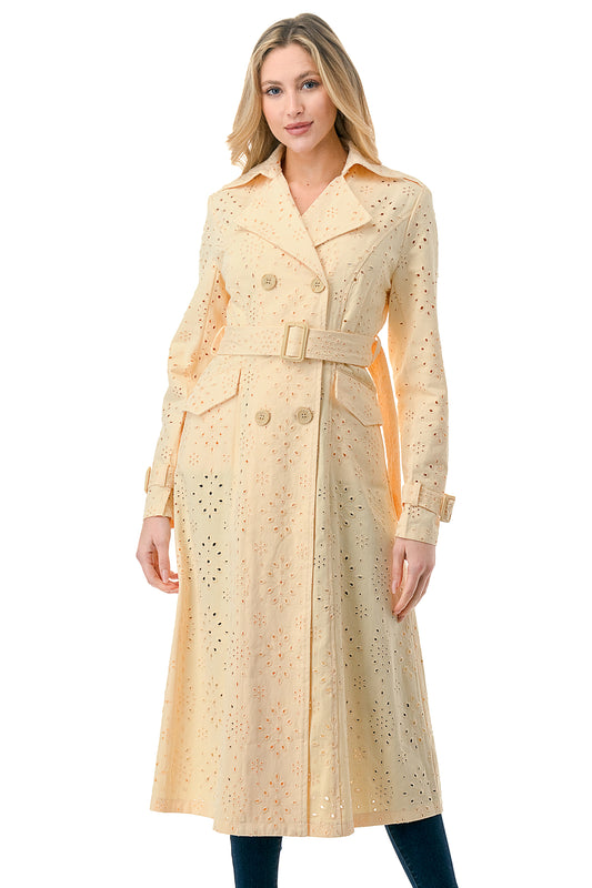 Soft Yellow Denim Eyelet Trench Jacket