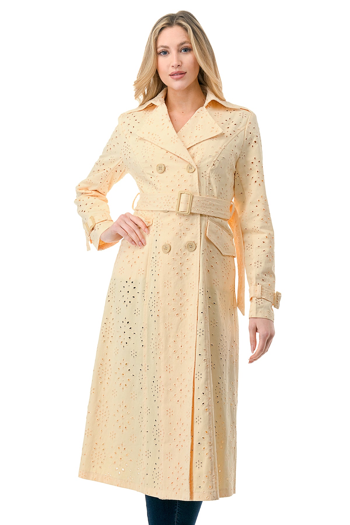 Soft Yellow Denim Eyelet Trench Jacket