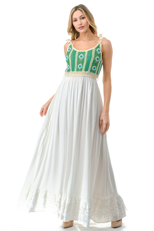 Ivory/Green Multi Crochet Top Maxi Dress