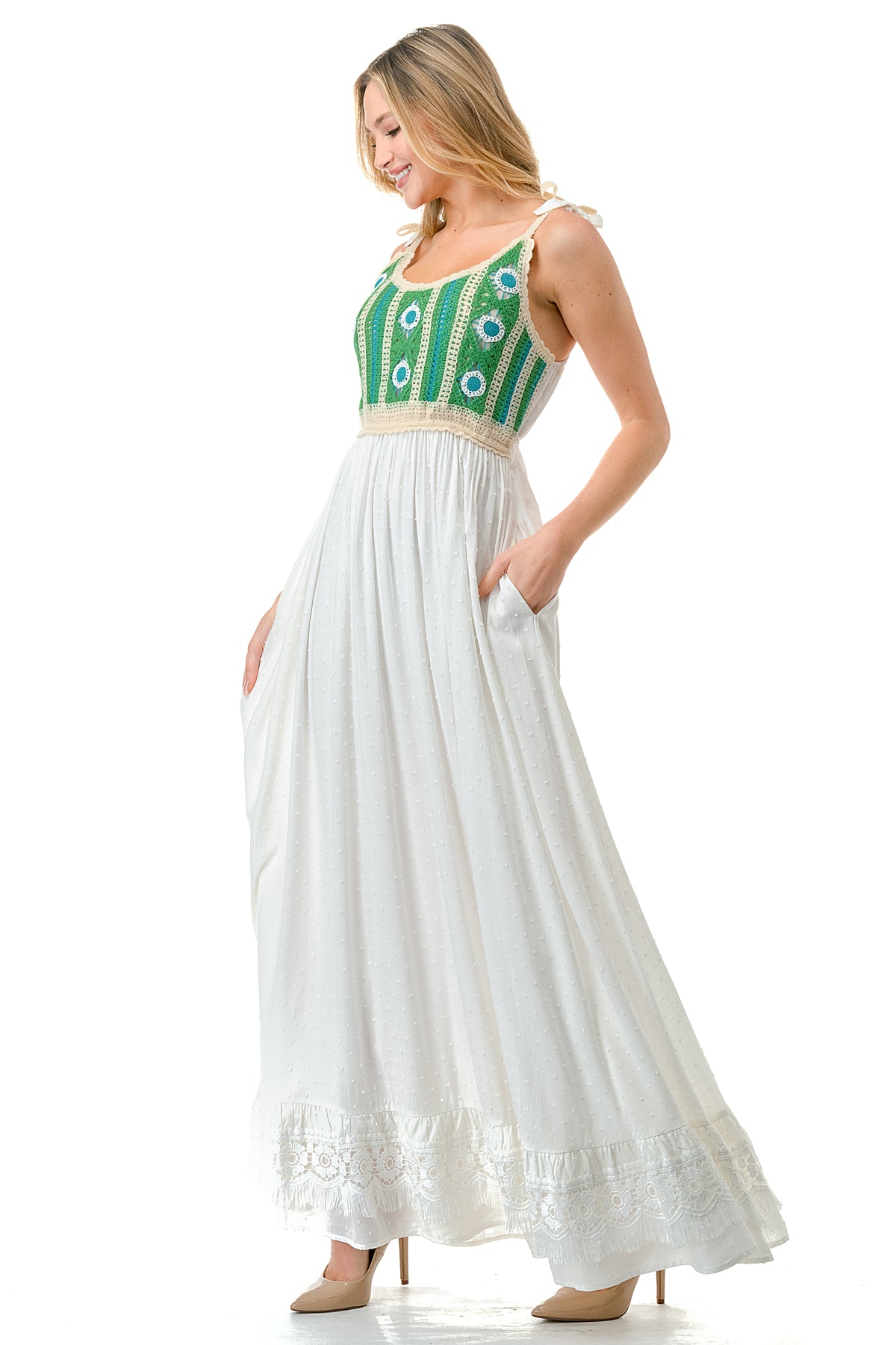 Ivory/Green Multi Crochet Top Maxi Dress