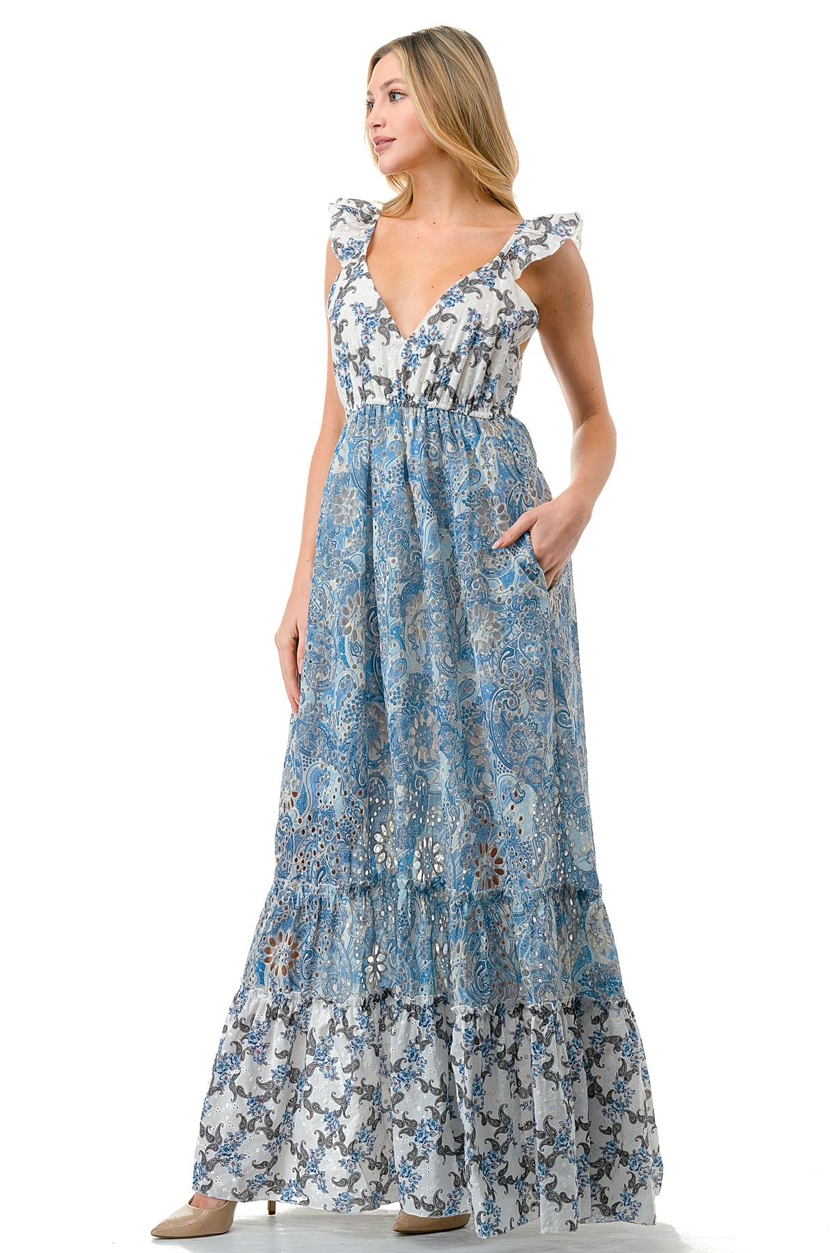 Blue Tiered Twin Printed Eyelet Maxi