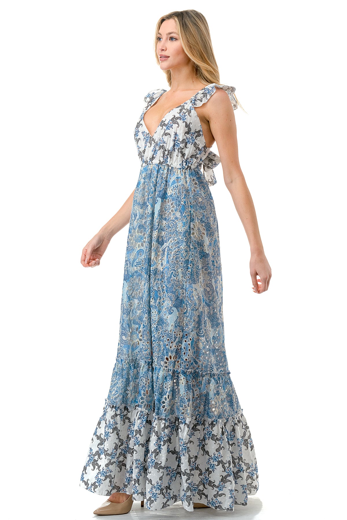 Blue Tiered Twin Printed Eyelet Maxi