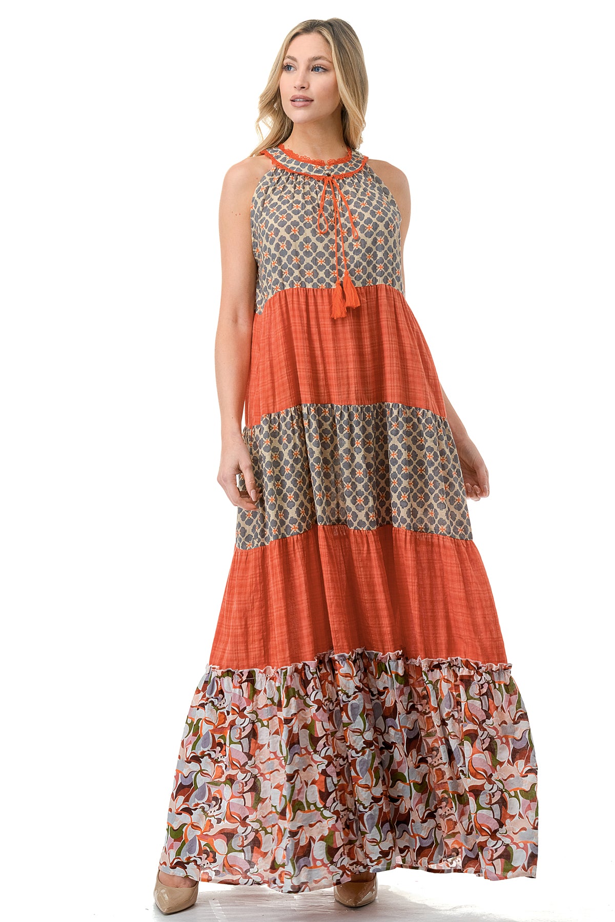 Rust Twin Printed Sleeveless Maxi Dress