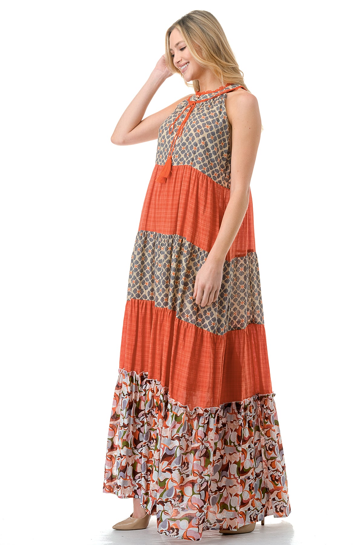 Rust Twin Printed Sleeveless Maxi Dress
