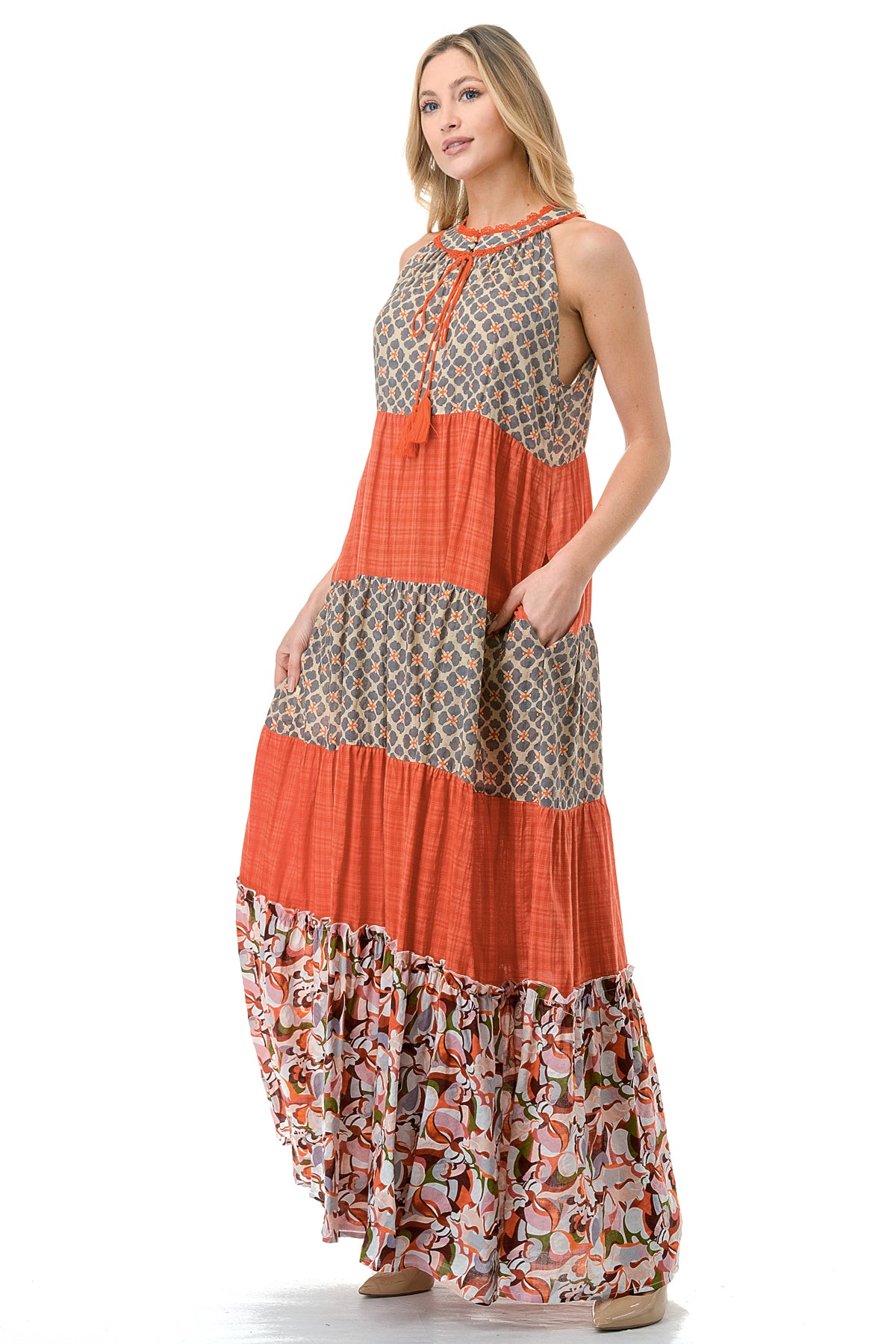 Rust Twin Printed Sleeveless Maxi Dress