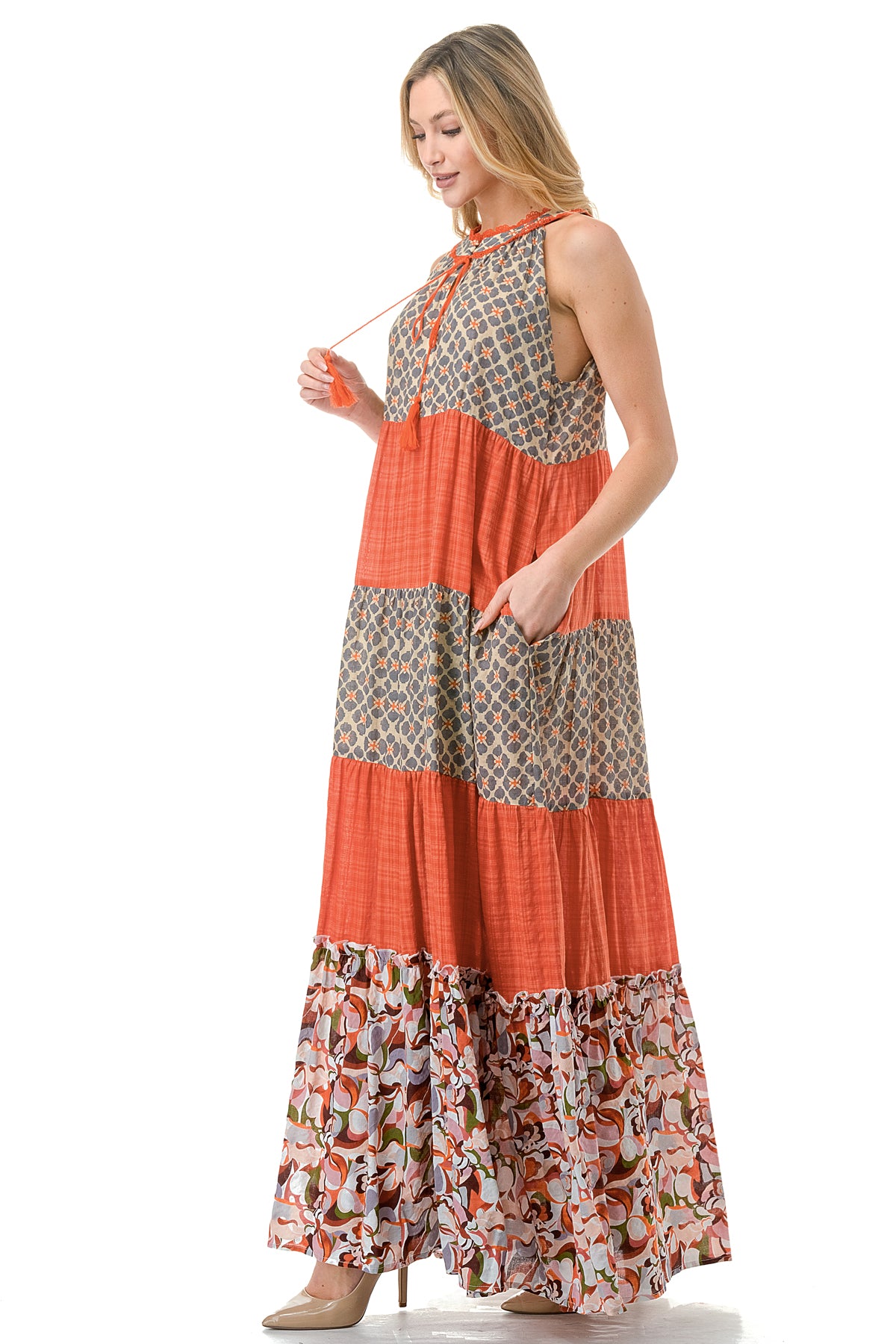 Rust Twin Printed Sleeveless Maxi Dress