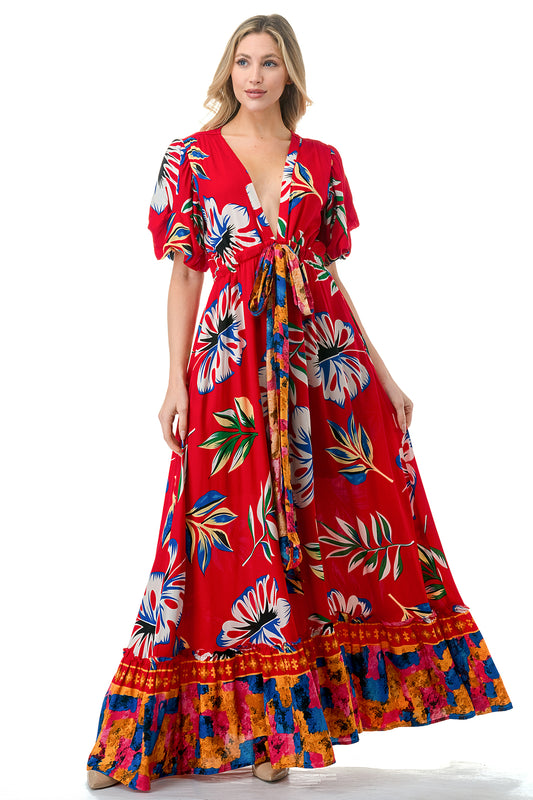 Red Tropical Printed Maxi Beach Dress
