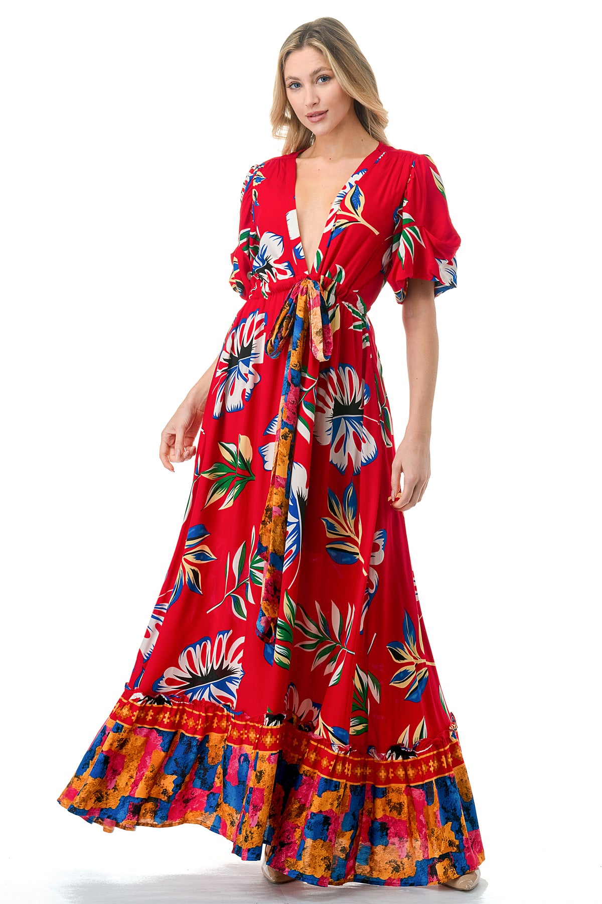 Red Tropical Printed Maxi Beach Dress