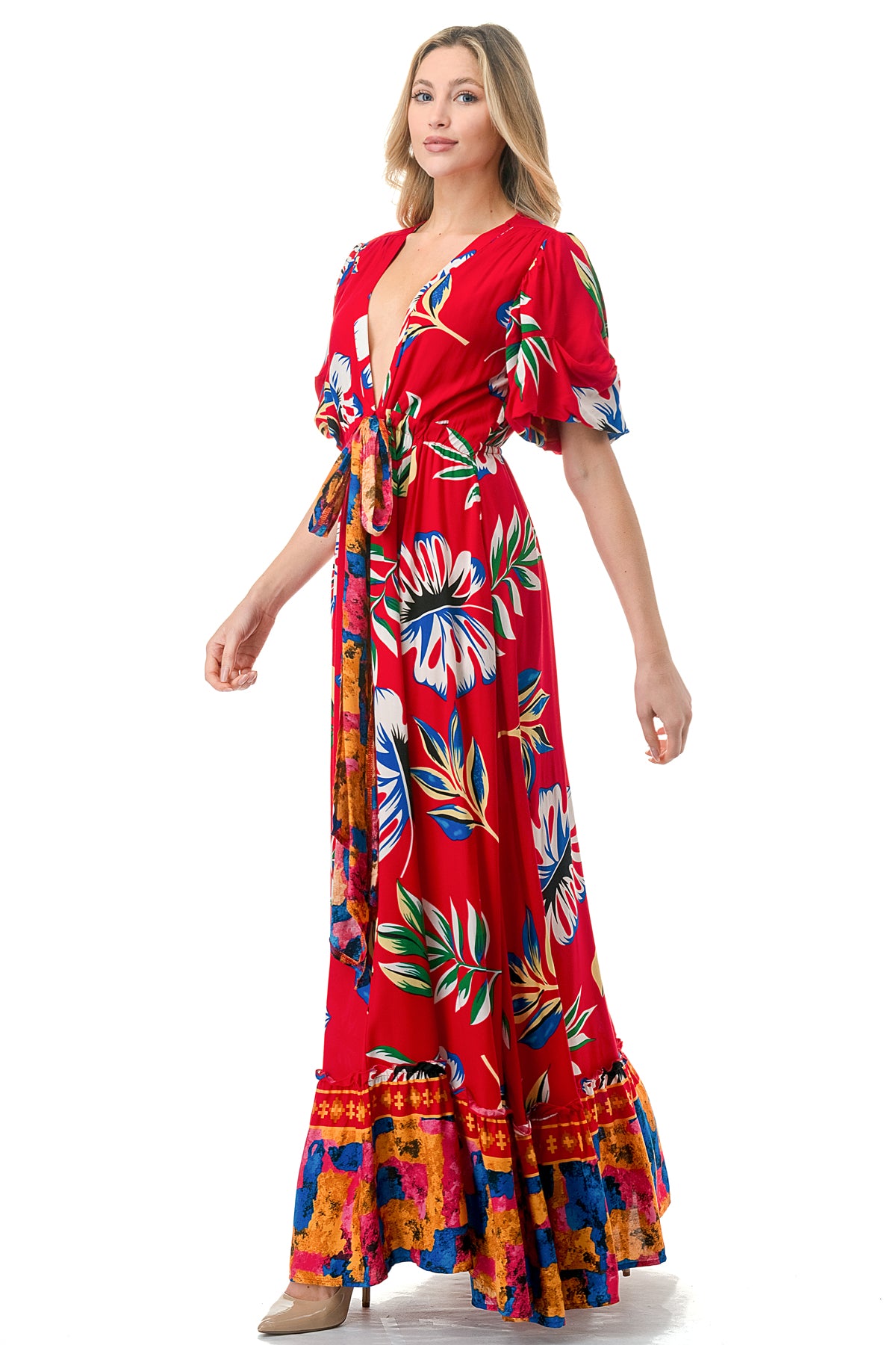 Red Tropical Printed Maxi Beach Dress