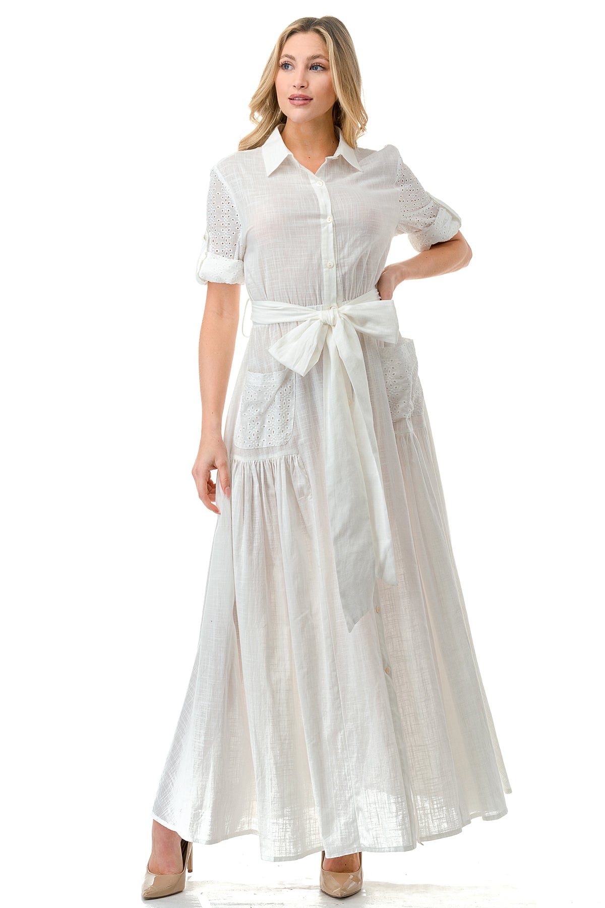 Ivory Textured Mixed Fabric Maxi Shirt Dress