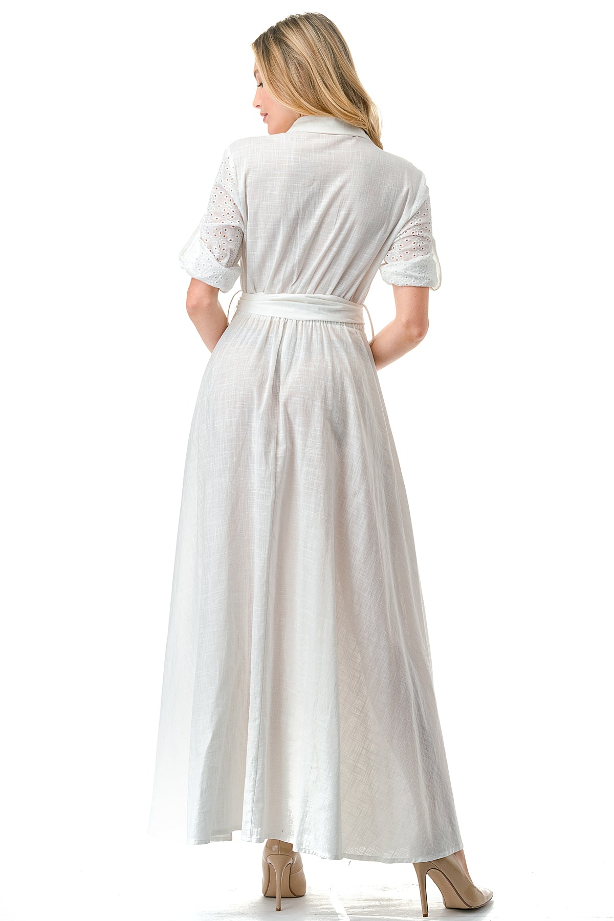 Ivory Textured Mixed Fabric Maxi Shirt Dress