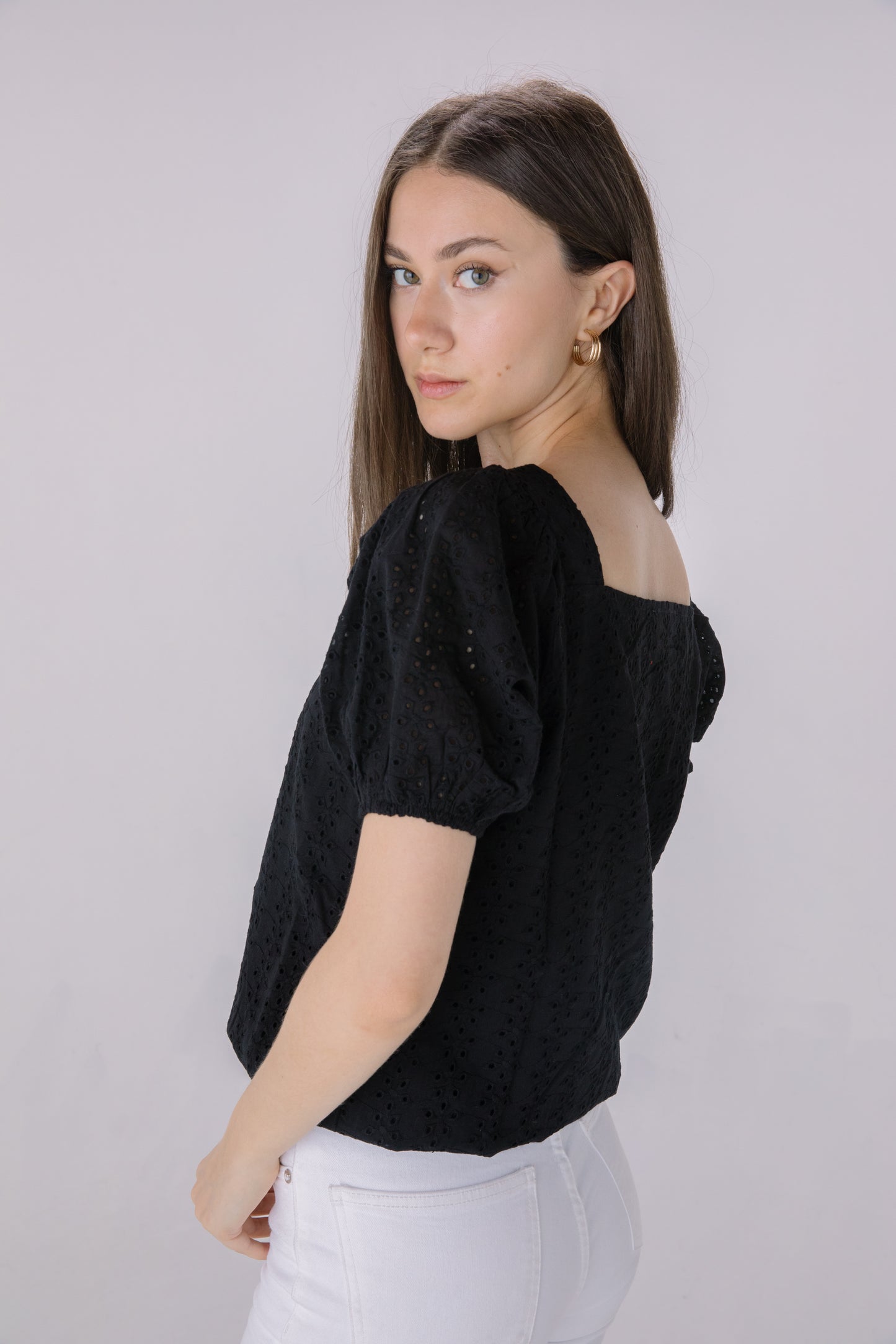 Black Eyelet Square Neck Blouse