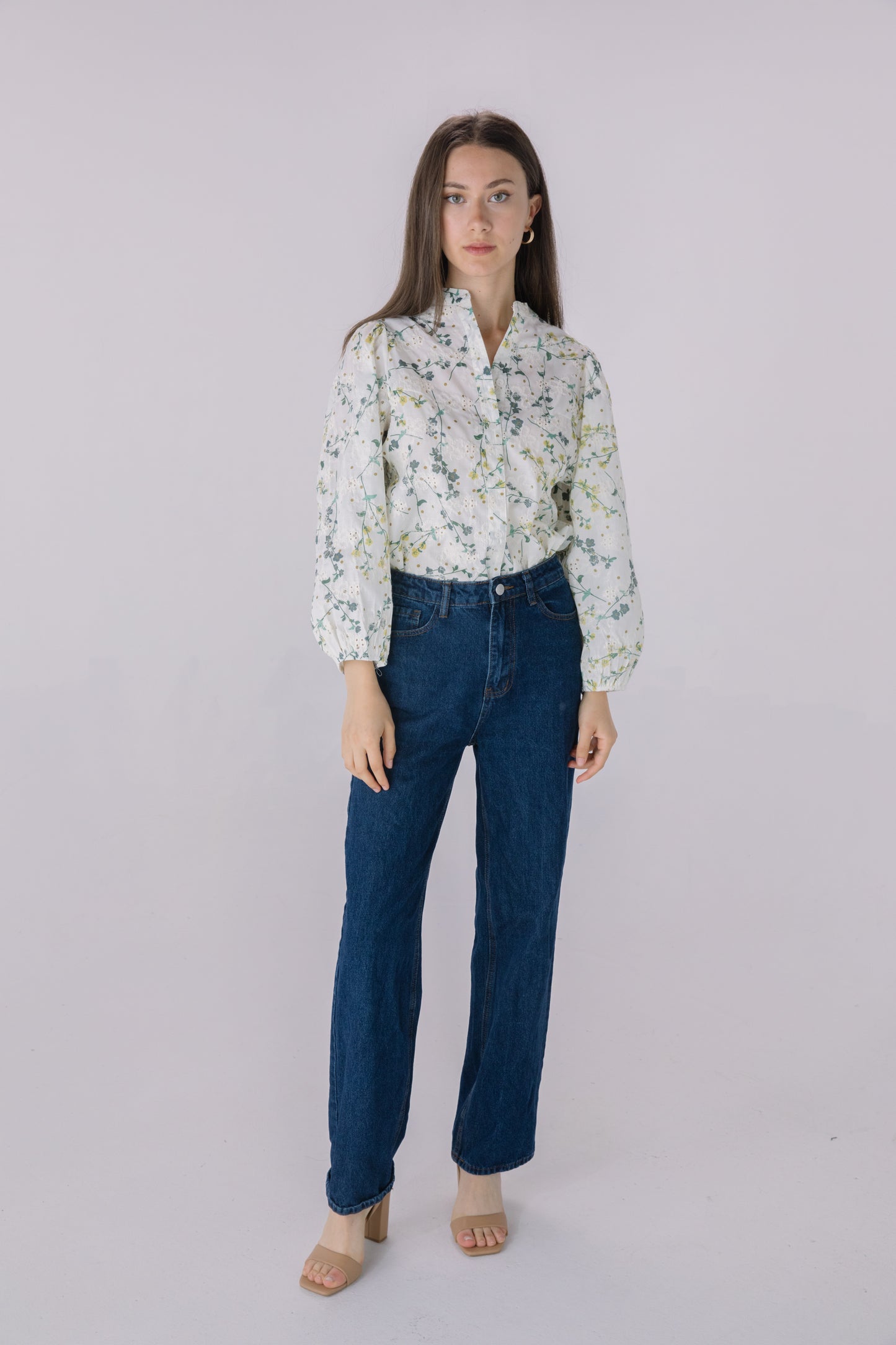 Floral Printed Embroidered Eyelet Long Sleeve Top