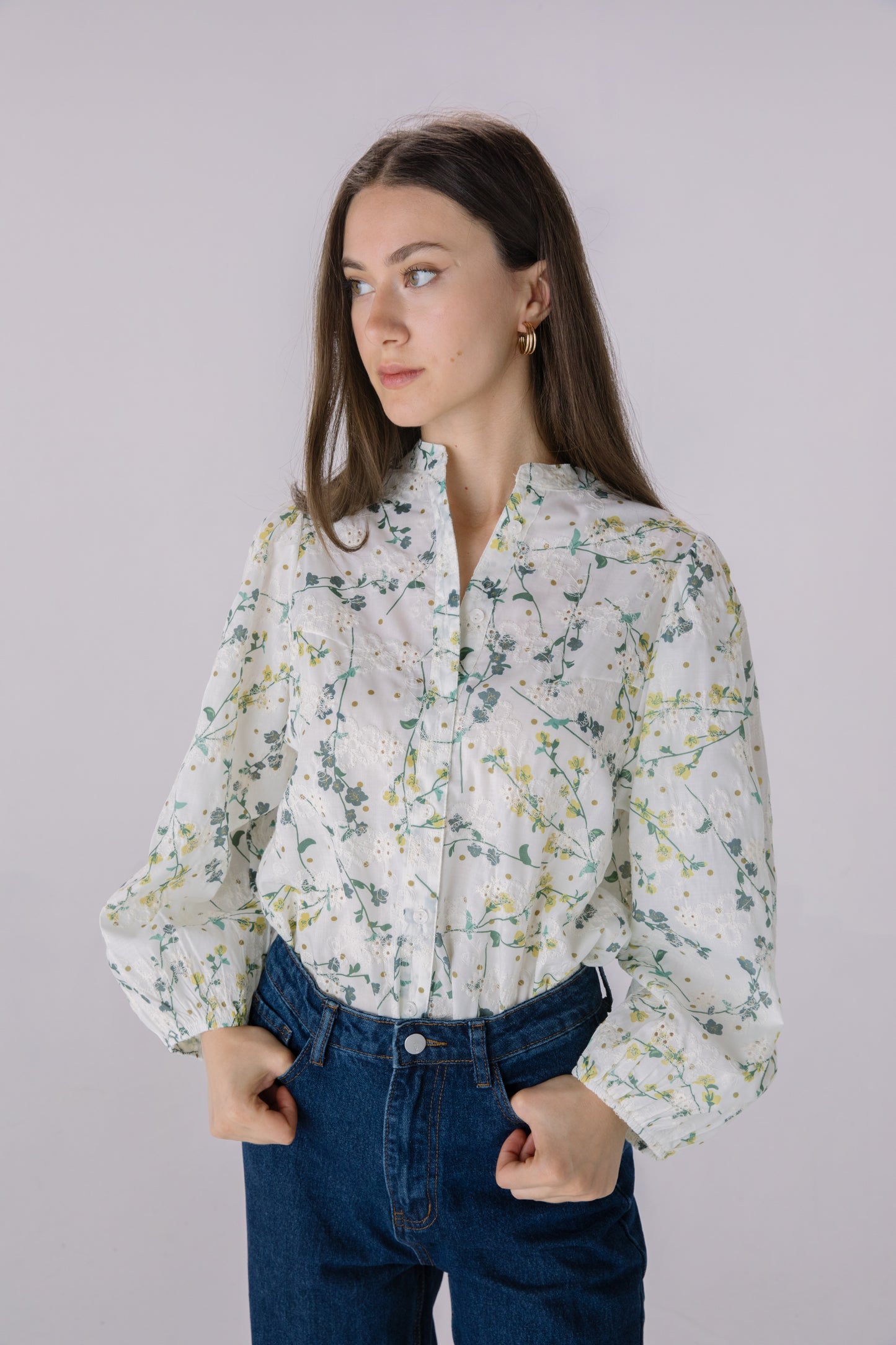 Floral Printed Embroidered Eyelet Long Sleeve Top