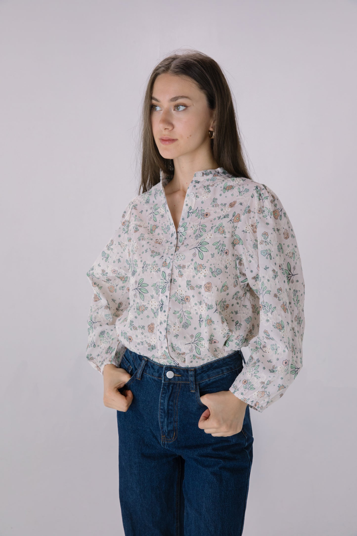 Floral Printed Embroidered Eyelet Long Sleeve Top