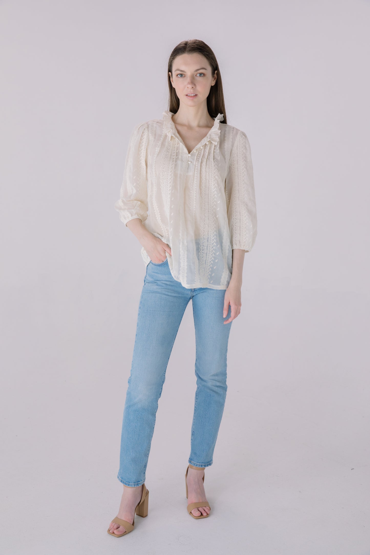 Beige Tonal Embroidered Chiffon Blouse