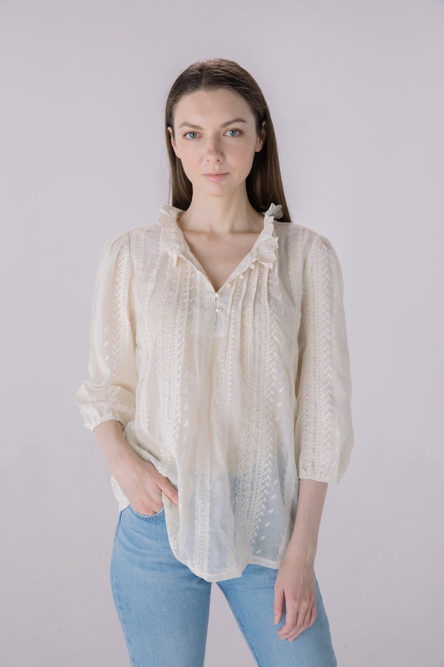Beige Tonal Embroidered Chiffon Blouse