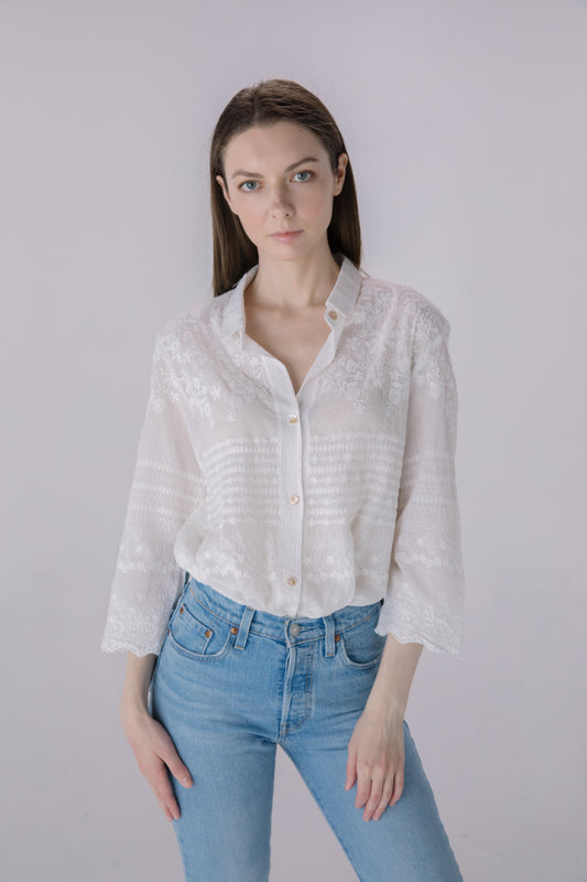 Ivory Tonal Embroidered Button Down